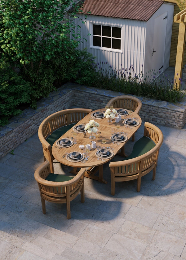 Teak tuinmeubelset ovaal 180-240cm uittrekbare tafel 4cm bord (2 San Francisco stoelen 2 banken) Inclusief kussens.