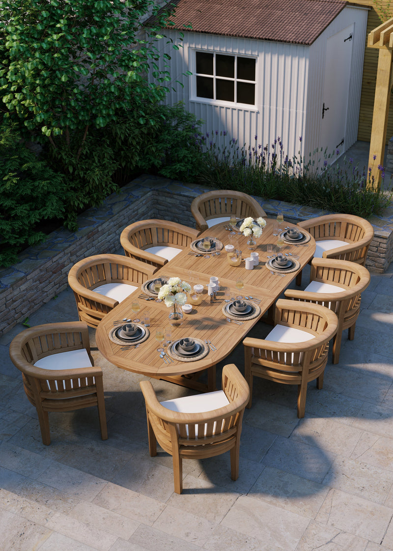 CLEARANCE Teak Garden Furniture Set Oval 2-3m Extending Table 4cm Top (8 San Francisco Chairs) Cushions included.