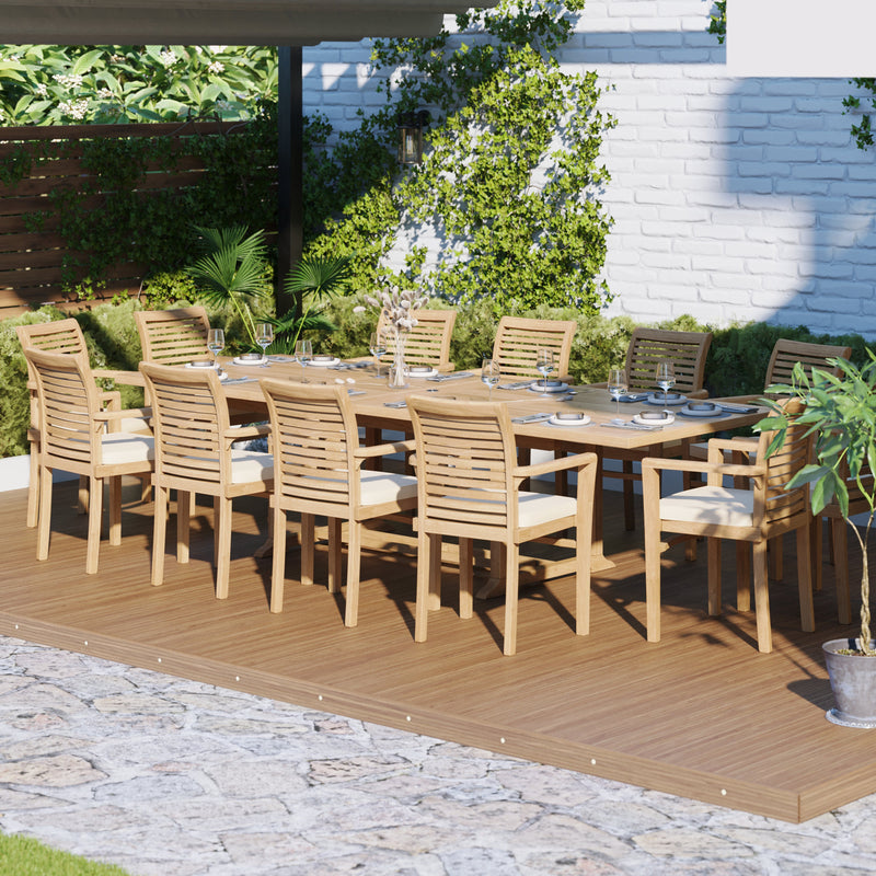 Huge Teak Garden Furniture Set 200-300cm Rectangular Extending Table (12 Oxford Stacking Chairs) Cushions Included.