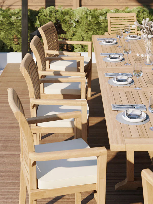 Teak garden furniture set 200-300cm extendable rectangular table (10 Oxford stacking chairs) including cushions.