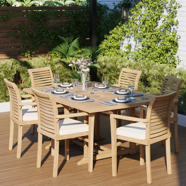 Mobiliario de jardín en teca, mesa extensible cuadrada a rectangular de 120-170 cm (6 sillas apilables) con cojines incluidos.