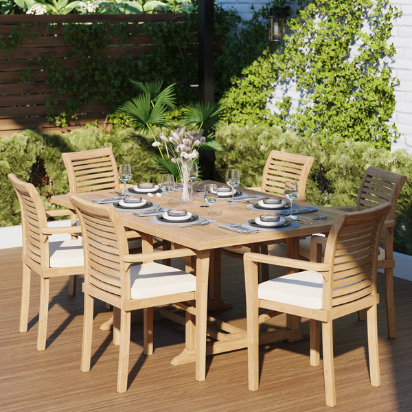 CLEARANCE Teak Garden Furniture Square To Rectangle 120-170cm Extending Table 4cm Top (6 Oxford Stacking Chairs) Cushions included.