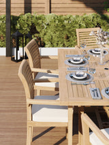 CLEARANCE Teak Garden Furniture Square To Rectangle 120-170cm Extending Table 4cm Top (6 Oxford Stacking Chairs) Cushions included.