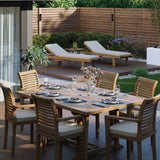 CLEARANCE Teak Garden Furniture Square To Rectangle 120-170cm Extending Table 4cm Top (6 Oxford Stacking Chairs) Cushions included.