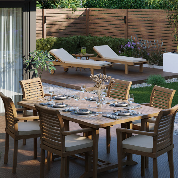 Teak Gartenmöbel Quadratisch bis Rechteckig 120-170cm Ausziehbarer Tisch (6 Oxford Stapelstühle) Inklusive Kissen.