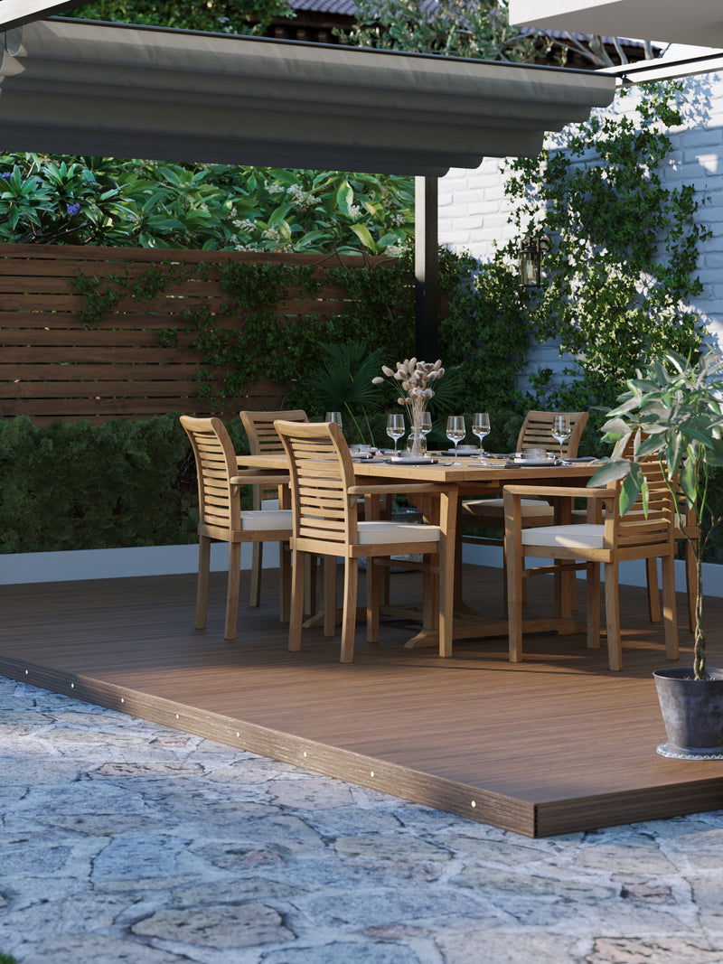 CLEARANCE Teak Garden Furniture Square To Rectangle 120-170cm Extending Table 4cm Top (6 Oxford Stacking Chairs) Cushions included.