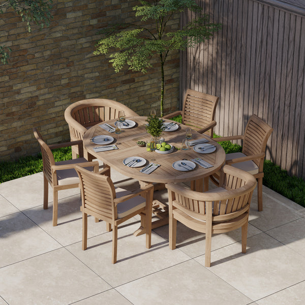 Teak Garden Furniture Round to Oval 120-170cm Extendable Table (4 Stacking Chairs 2 San Francisco Chairs) Includes Cushions.