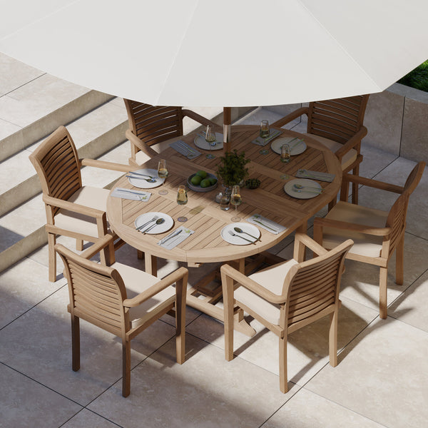 CLEARANCE Teak Round to Oval 120-170cm Extending Table, 4cm Top (6 Oxford Stacking Chairs) cushions included.