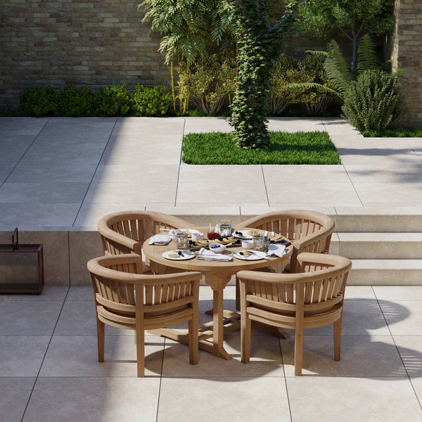 Teakholz-Gartenmöbelset, 120–170 cm runder bis ovaler Tisch, 4 San Francisco Stühle aus Teakholz, inklusive Kissen