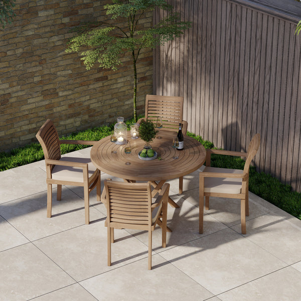 Set di mobili da giardino in teak da 120cm tavolo pieghevole rotondo a spirale 4 x Oxford sedie e cuscini