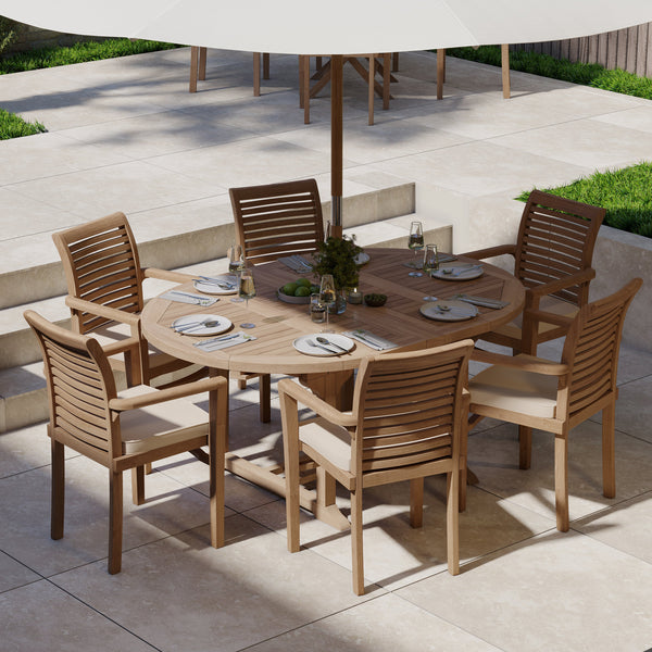 CLEARANCE Teak Round to Oval 120-170cm Extending Table, 4cm Top (6 Oxford Stacking Chairs) cushions included.