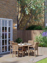 Juego de muebles de jardín de teca, mesa plegable redonda Sunshine de 120 cm, 4 sillas apilables, cojines incluidos.