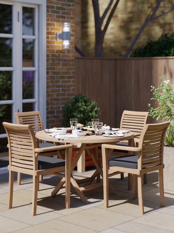 Set di mobili da giardino in teak da 120cm Sunshine Round Tavolo pieghevole 4 x Oxford Sedie impilabili, compresi i cuscini.