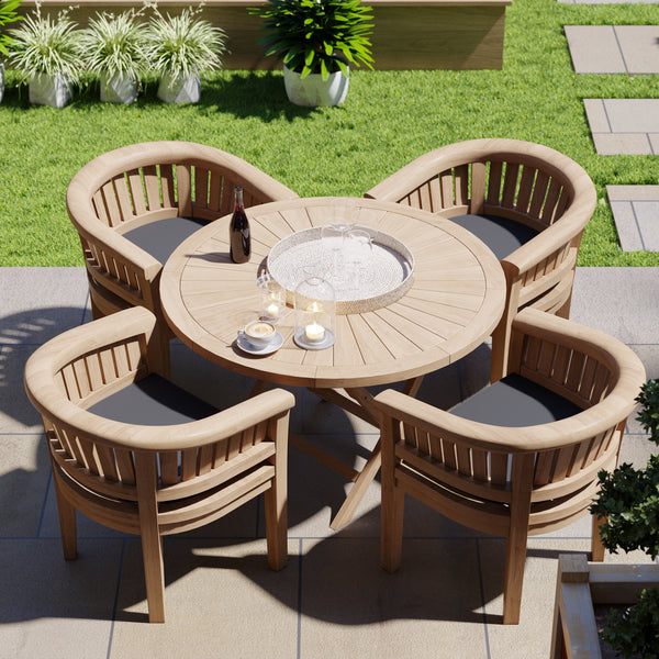 Teak tuinmeubelset 120cm ronde zonneschijntafel, 4cm bovenkant (4 teak San Francisco stoelen) inclusief kussens.
