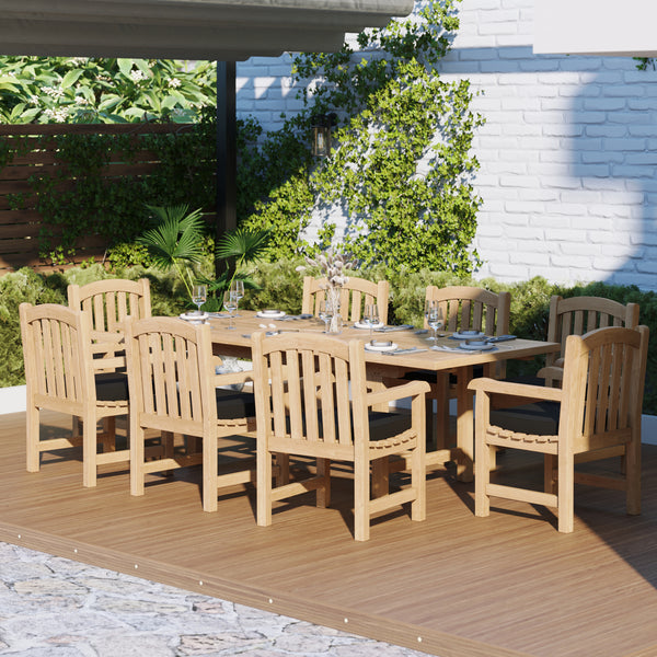 Teak garden furniture 180-240cm rectangular extending table with 4cm top (with 8 Warwick chairs) including cushions.