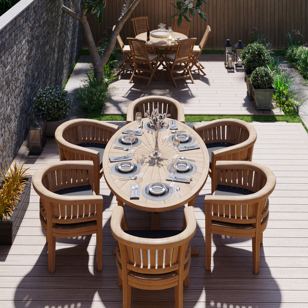 Teak garden furniture set - 2m long sun table with 6 San Francisco chairs, including cushions.