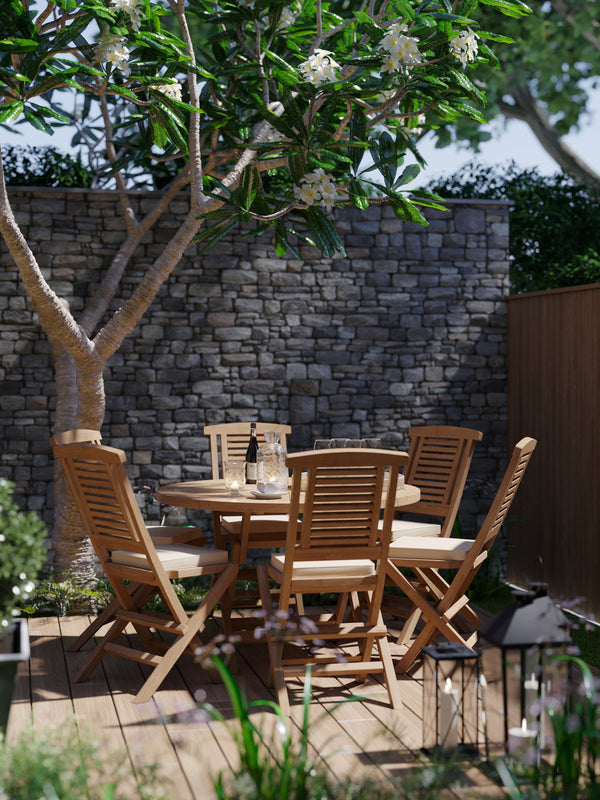 Mobiliario de jardín de teca Mesa plegable Round Sunshine de 120 cm 6 sillas plegables Cojín incluido.