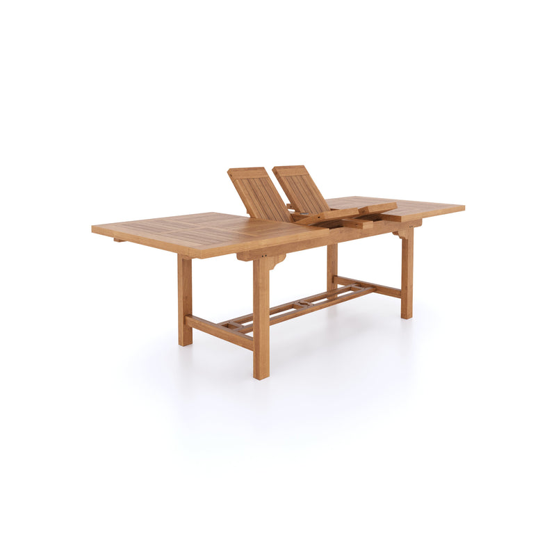 CLEARANCE Teak Garden Furniture Rectangle 180-240cm Extending Table 4cm Top (8 Henley Stacking Chairs) Cushions included.