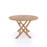 Teak garden furniture set 120cm spiral round folding table, 4 x Oxford stacking chairs and cushions