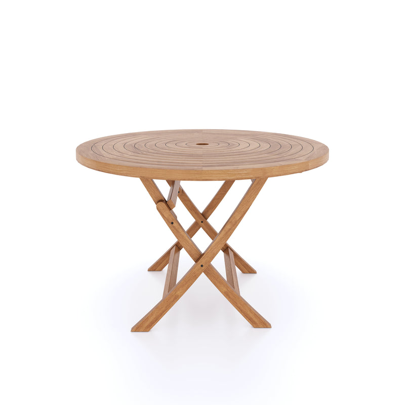 Juego de muebles de jardín de teca, mesa plegable redonda en espiral de 120 cm, 4 sillas apilables y cojines