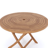 Teak garden furniture set 120cm spiral round folding table, 4 x Oxford stacking chairs and cushions