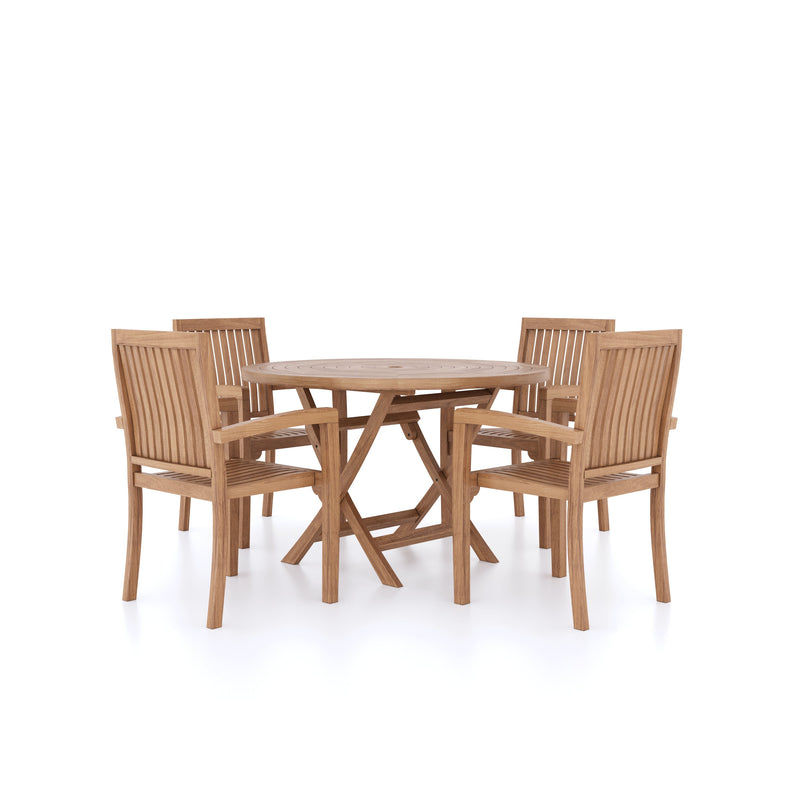 Teak Set 120cm Spiral Round Folding Table with 4 Henley Stacking Chairs