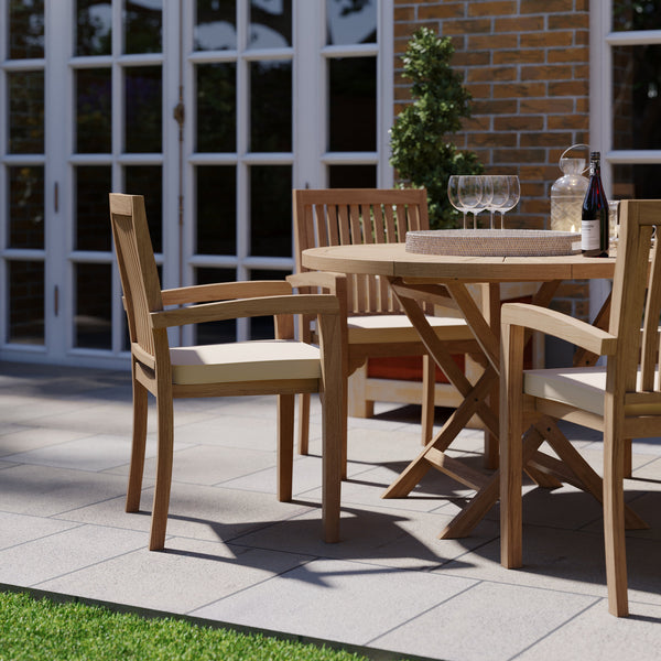 Teak tuinmeubelset 120cm zonneschijn ronde vouwtafel, 4cm plaat (4 Henley stapelstoelen) inclusief kussens.