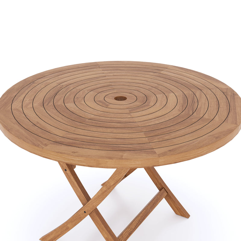 Teakhouten set, 120 cm ronde, opvouwbare spiraaltafel met 4 San Francisco stoelen.