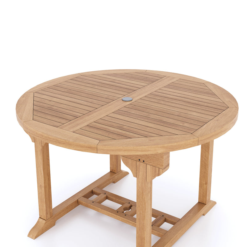 CLEARANCE Teak Round to Oval 120-170cm Extending Table, 4cm Top (6 Oxford Stacking Chairs) cushions included.