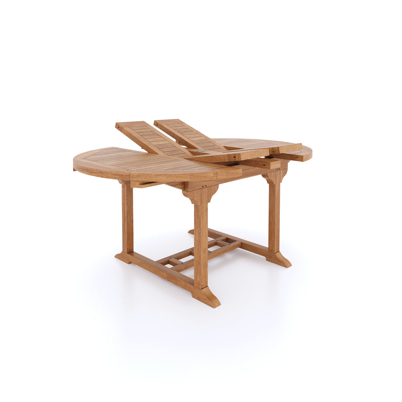 Teak tuinmeubelen rond tot ovaal 120-170cm uittrekbare tafel (4 stapelstoelen 2 San Francisco stoelen) Inclusief kussens.