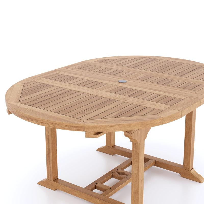 CLEARANCE Teak Round to Oval 120-170cm Extending Table, 4cm Top (6 Oxford Stacking Chairs) cushions included.