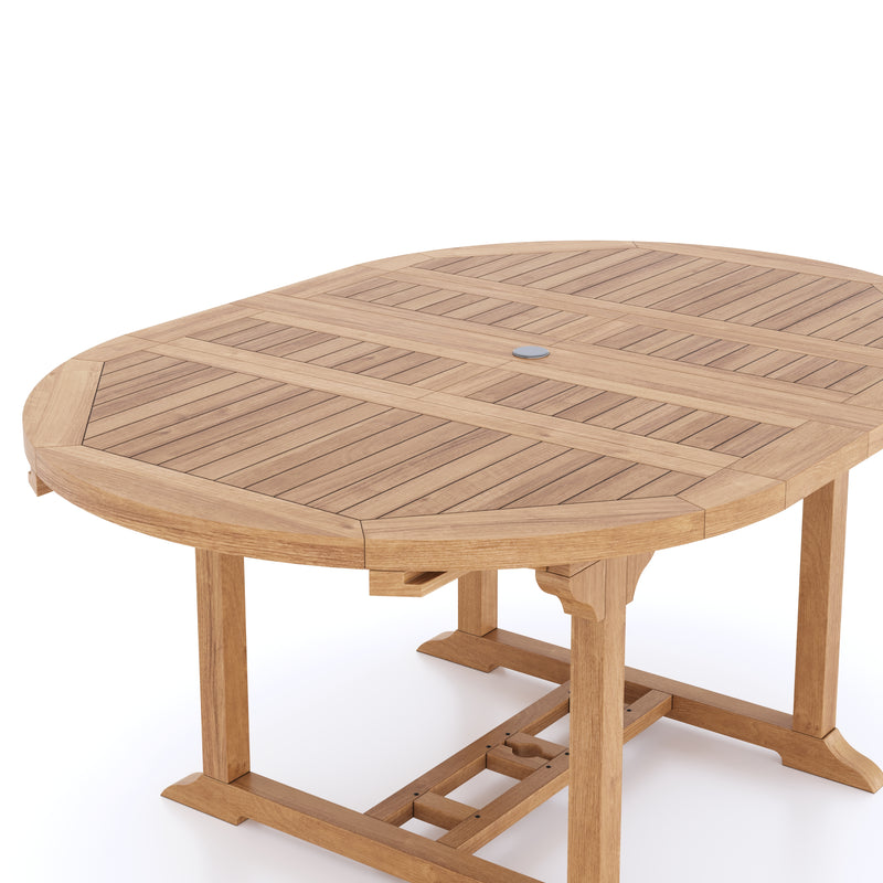 Mobiliario de jardín de teca de forma redonda a ovalada, mesa extensible de 120-170 cm (6 sillas apilables) con cojines incluidos.
