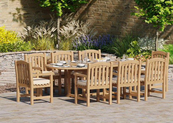 Teak 180-240cm Oval Extending Table, 4cm Top with 8 Warwick Chairs, Free Cushions.