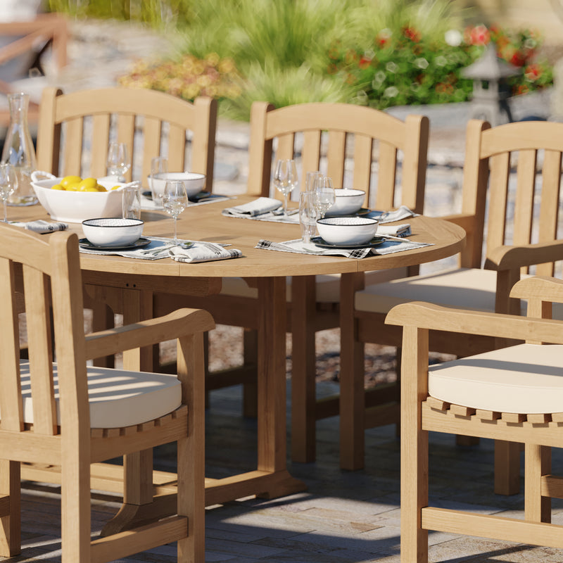 Teak 180-240cm Oval Extending Table, 4cm Top with 8 Warwick Chairs, Free Cushions.