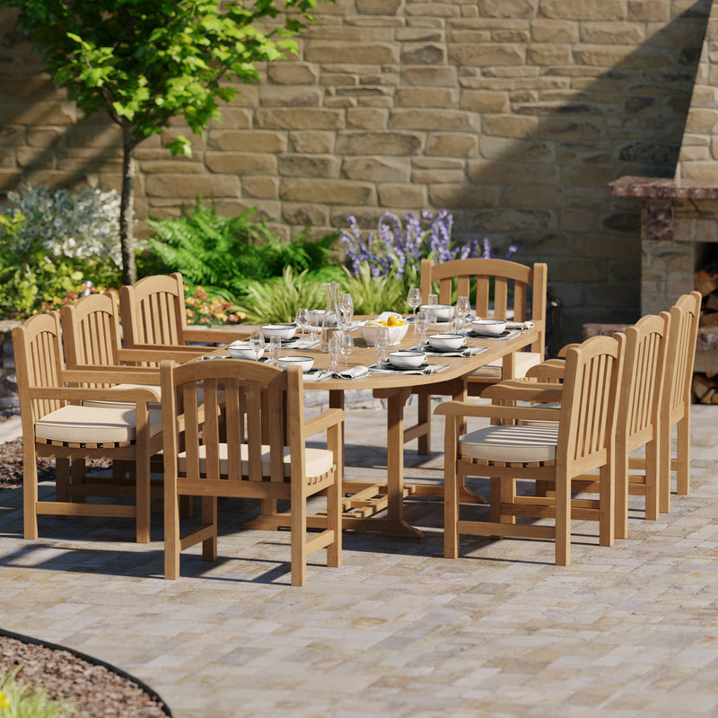 Teak 180-240cm Oval Extending Table, 4cm Top with 8 Warwick Chairs, Free Cushions.