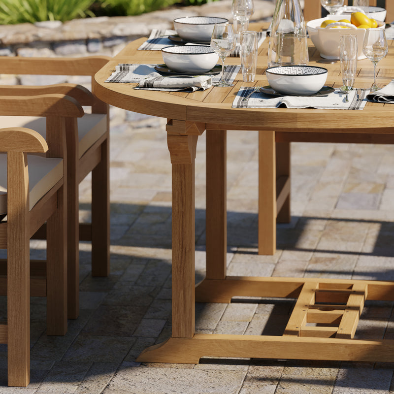 Teak Round to Oval 120-170cm Extending Table, 4cm Top with 6 Warwick Chairs, Free Cushions.