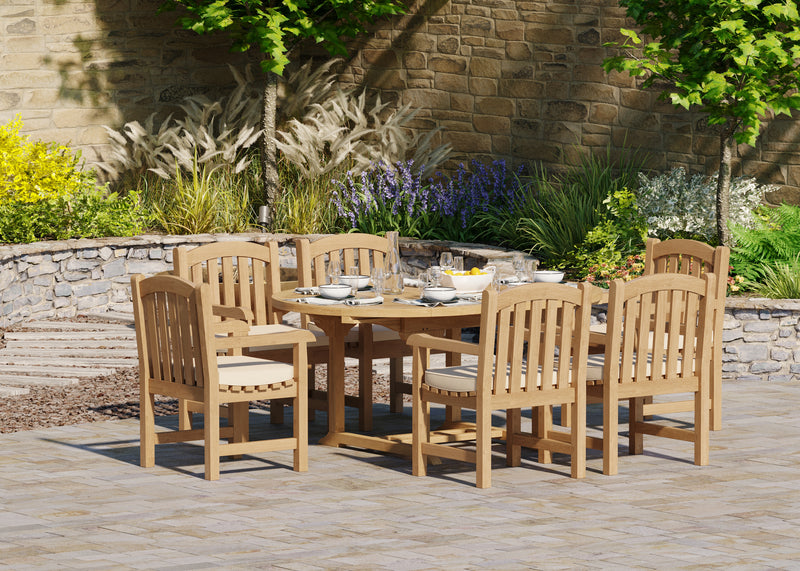 Teak Round to Oval 120-170cm Extending Table, 4cm Top with 6 Warwick Chairs, Free Cushions.