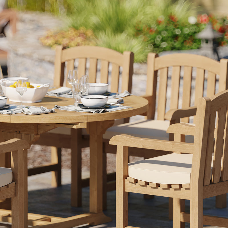 Teak Round to Oval 120-170cm Extending Table, 4cm Top with 6 Warwick Chairs, Free Cushions.