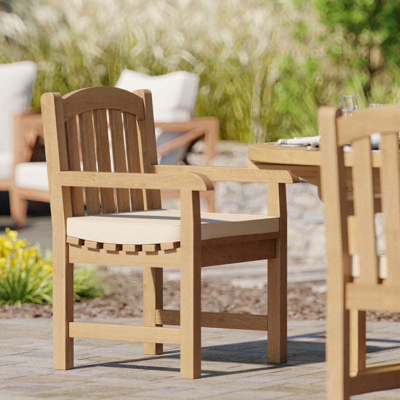 Teak Round to Oval 120-170cm Extending Table, 4cm Top with 6 Warwick Chairs, Free Cushions.