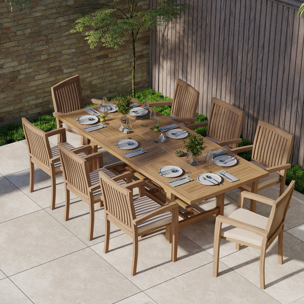 CLEARANCE Teak Garden Furniture Rectangle 180-240cm Extending Table 4cm Top (8 Henley Stacking Chairs) Cushions included.