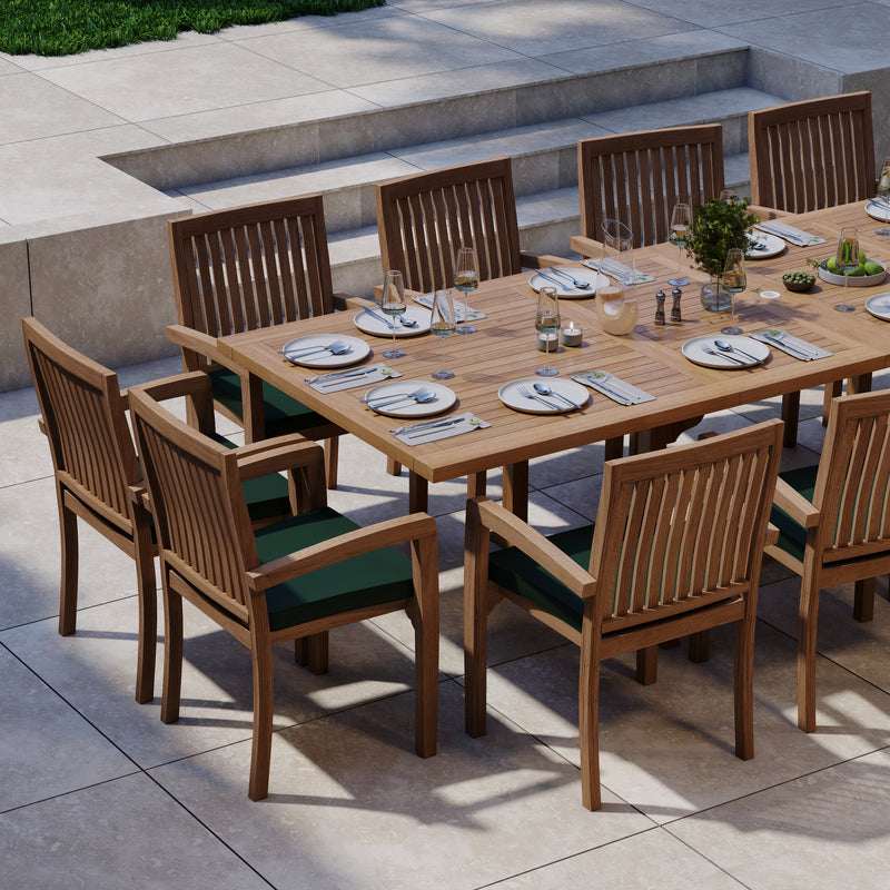 Giant Teak Garden Furniture Set 2-3m Rectangular Extending Table 4cm Top (12 Henley Stacking Chairs) Includes Cushions.