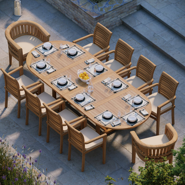 Teak 200cm to 300cm Oval Extending Table with 8 Oxford Stacking Chairs & 2 San Francisco Chairs