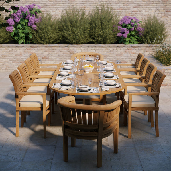 Teak 200cm to 300cm Oval Extending Table with 8 Oxford Stacking Chairs & 2 San Francisco Chairs