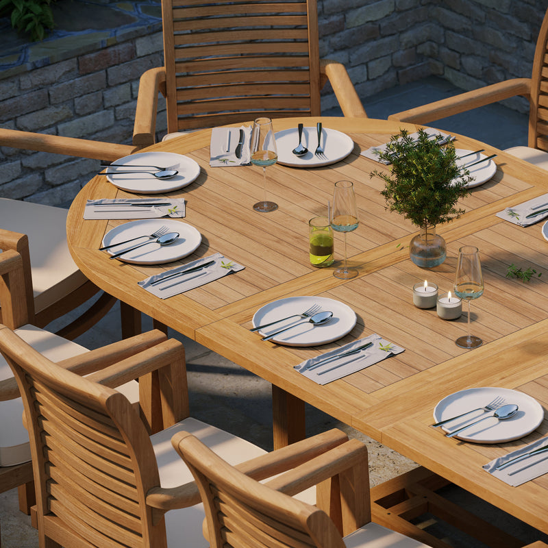 Giant Teak Oval Set 2-3m Extending Table with 12 Oxford Stacking Chairs