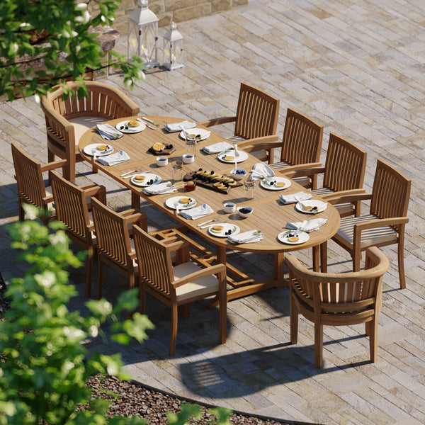 Teak 200cm to 300cm Oval Extending Table with 8 Henley Stacking Chairs