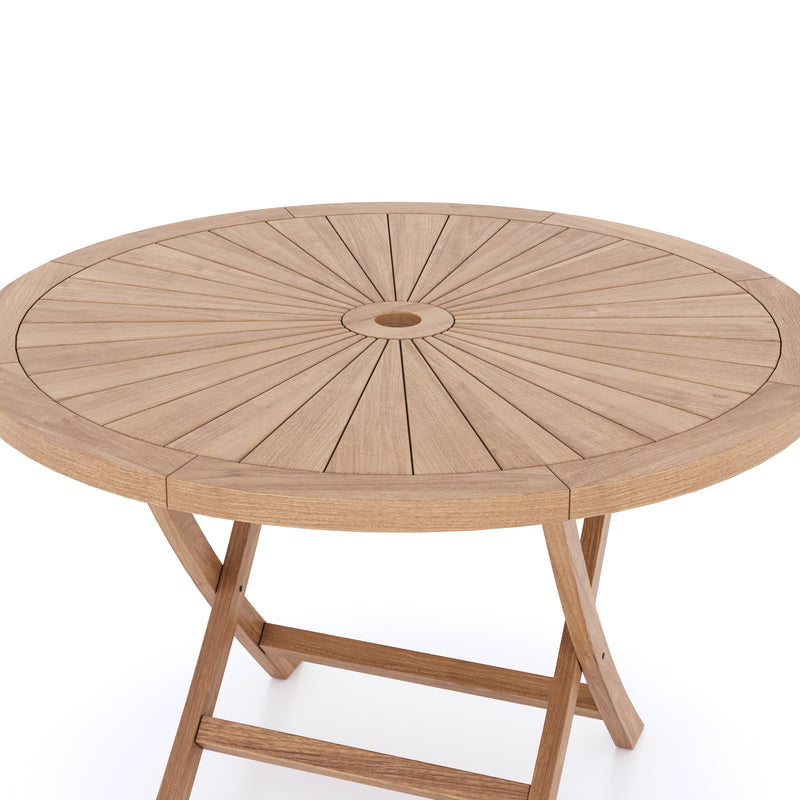Teak tuinmeubelset 120cm zonneschijn ronde vouwtafel 4 x Oxford stapelstoelen inclusief kussens.