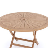 Mobiliario de jardín de teca Mesa plegable Round Sunshine de 120 cm 6 sillas plegables Cojín incluido.