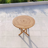Teak garden furniture set: 120cm spiral round folding table, 4 x Oxford stacking chairs and cushions