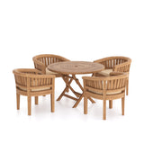 Teakhouten set, 120 cm ronde, opvouwbare spiraaltafel met 4 San Francisco stoelen.