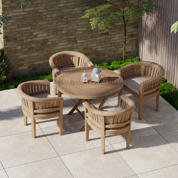 Teak Set 120cm Round Folding Spiral Table with 4 San Francisco Chairs.